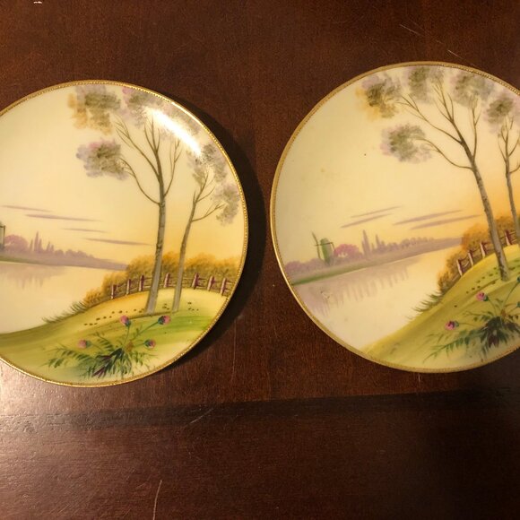 Vintage hand painted japan plates landscape lake side set of two 6.25" gold rim - Picture 1 of 8